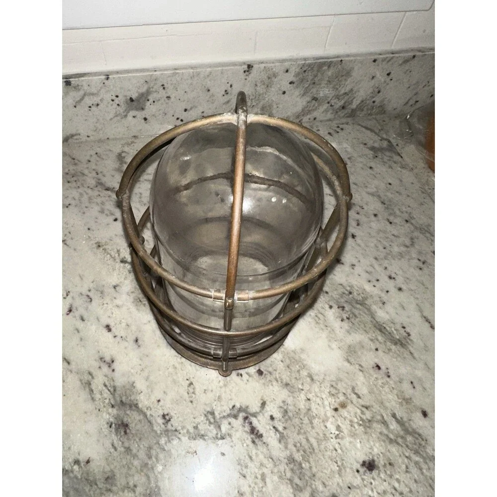 Vtg Russell & Stoll Brass Caged Nautical Overhead Cover & Glass Bulb R&S CO EUC
